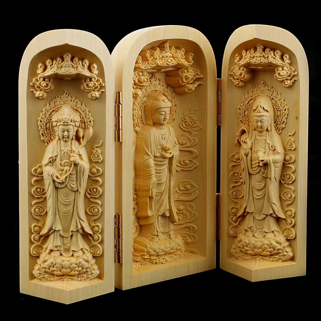Boxwood Buddha Statue 3 Carved Guanyin Status Wooden for Temple