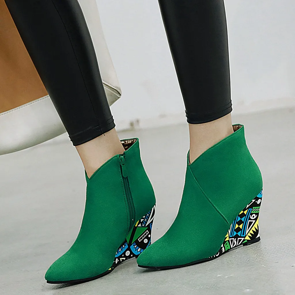 

Multicolor Wedges Winter Boots Women Sexy Side Zip Pointed Toe Short Boots Ladies CasualFlock Bare Boots Botines Mujer Nice