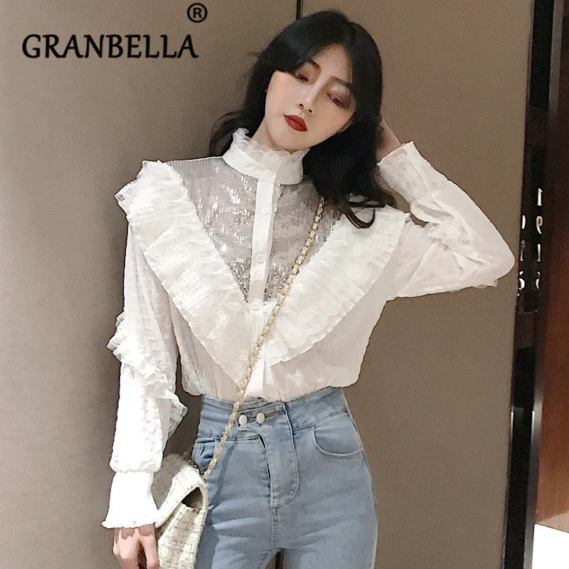 

Spring Women Sequins Stitching Stand Collar Lace Ruffled Long Sleeve Shirt Chiffon Blouse Tops Fashion