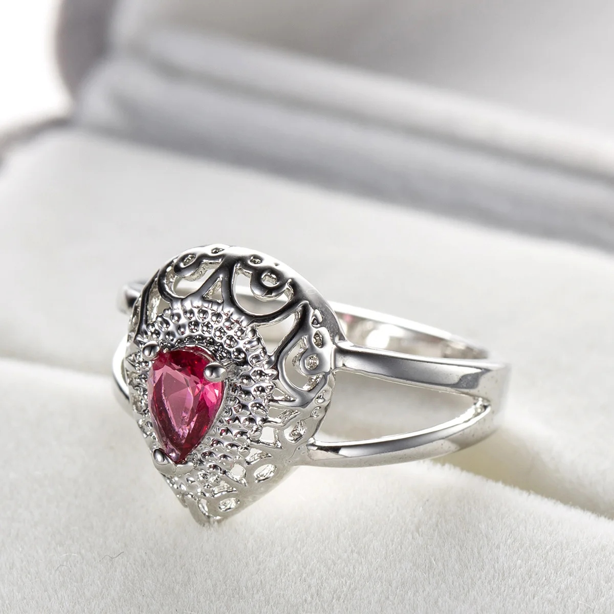 Rose Red/Royal Blue Colors Cubic Zirconia Ring Hollow Pear Shape Art Deco Engagement Wedding Rings Promise for Women Gifts | Украшения и