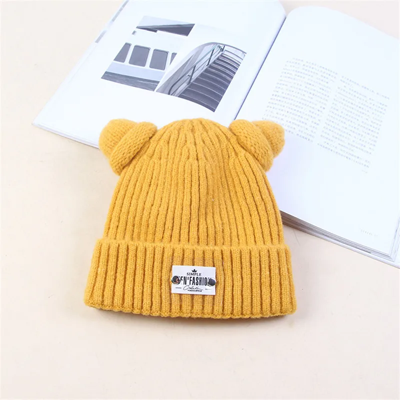 yellow Шапки для женщин зимние вязаные теплые Skullcap корейская модная трендовая Лоскутная Милая шерстяная шапка с ушками Толстая теплая морозостойкая зимне наушники шапка - Цвет: yellow