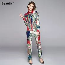 Banulin Fashion Runway Pants Suit Sets Women's Long Sleeve Bow Collar Print Blouses and Casual Pants Two Pieces Set 2020 Spring