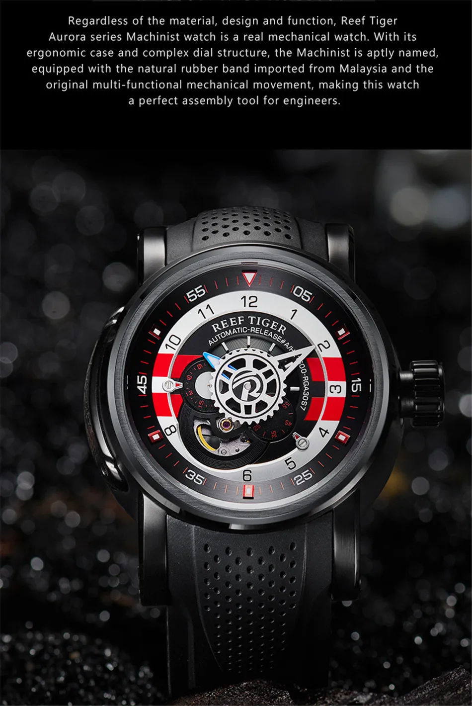 Reef Tiger R/T бренд 100M водонепроницаемые механические мужские часы Tourbillon Роскошные деловые резиновые ремешок автоматические часы erkek saat