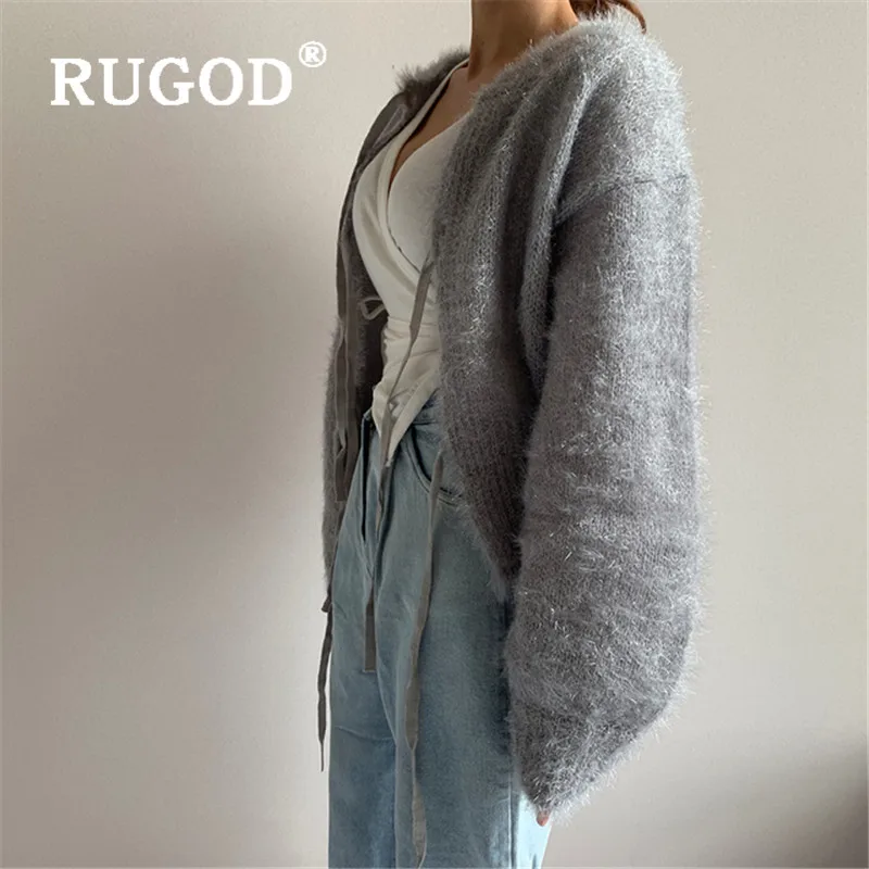RUGOD, корейский, элегантный, Однотонный свитер, кардиганы для женщин, v-образный вырез, свободный, на шнуровке, утолщенное, Вязанное пальто, модный Женский Повседневный свитер, топы