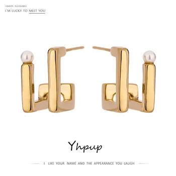 

Yhpup Stylish Imitation Pearls Block Geometry Stud Earrings for Women Minimalist Golden Metal сережки 2020 новинка Jewelry