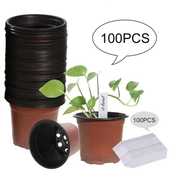 

100PCS Flower Pots Plastic Plant Garden Nursery Containers With Tags Home