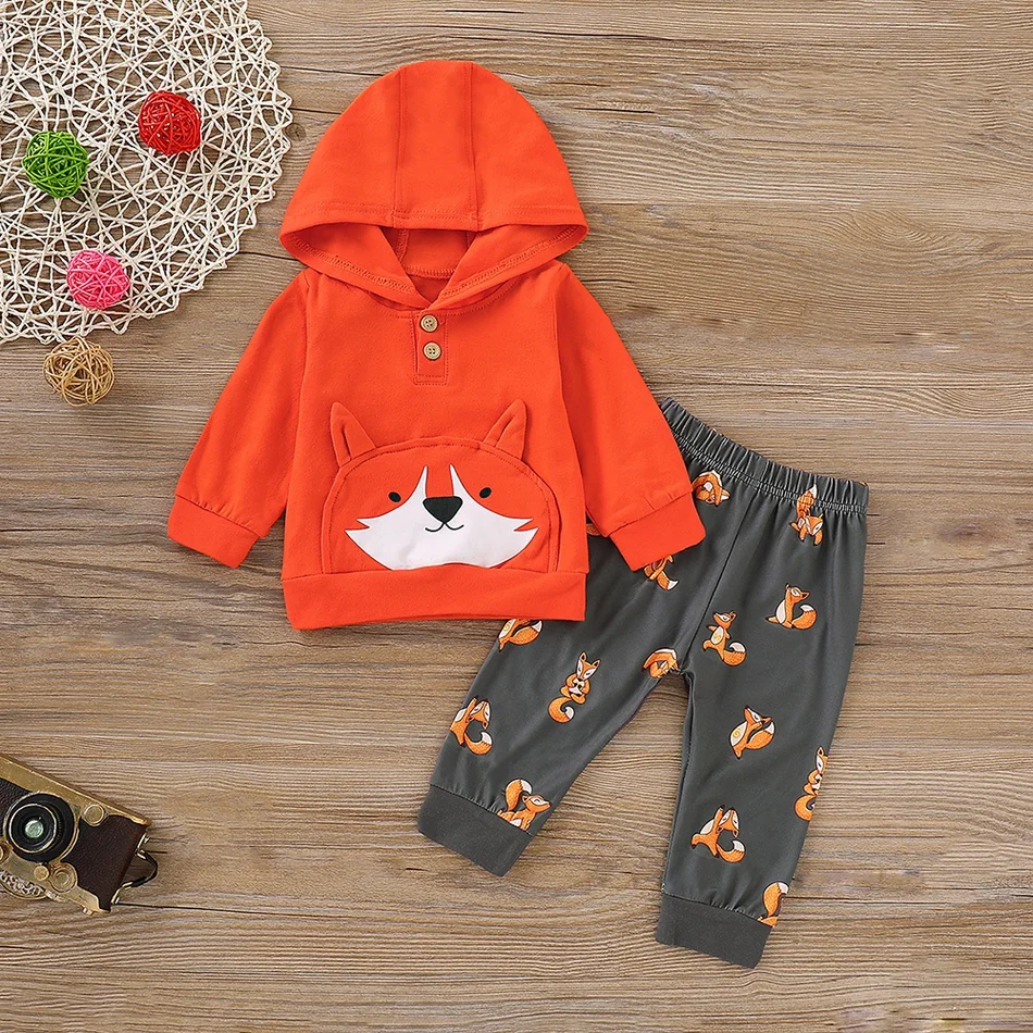 UK Autumn Winter Clothes Toddler Baby Girl Boys Clothes Fox Cotton Hooded Tops+ Trousers Pants Winter Clothes Set 0-24 months