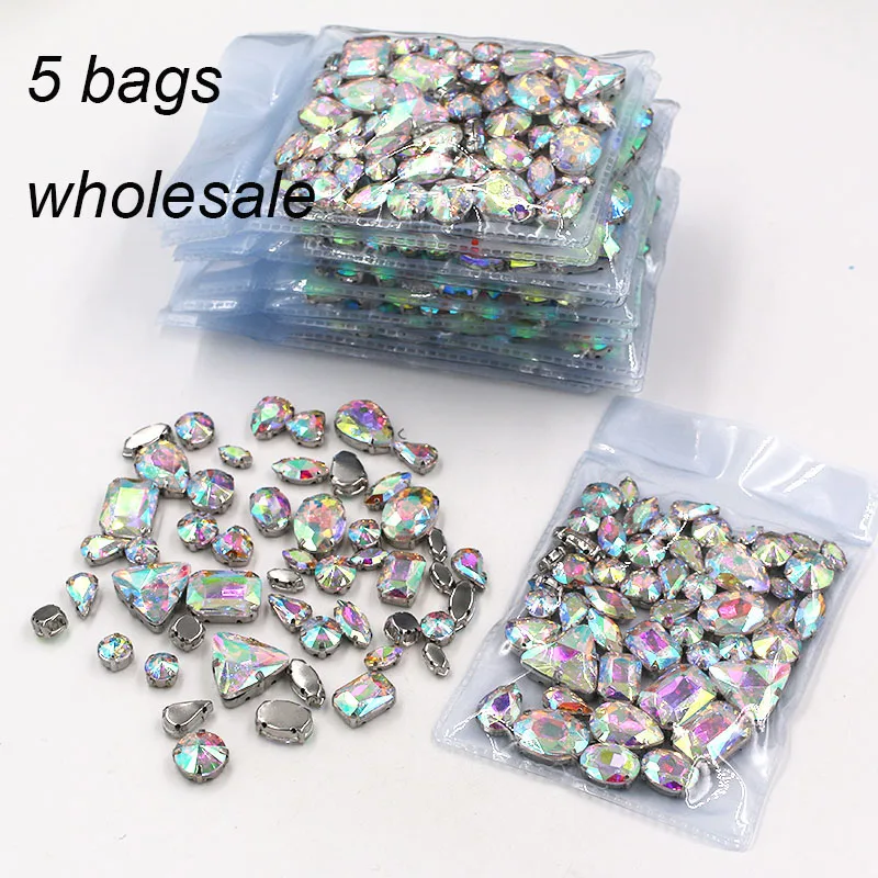 Free shipping Wholesale 5 bags mixed shape sew on glass crystal AB