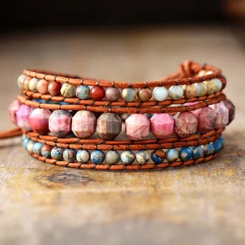 A++++ Leather Wrap Bracelets W/ Natural Stone Pink Rhodonite Statement Bracelet Women Teengirls Boho Jewelry Bijoux Dropshipping