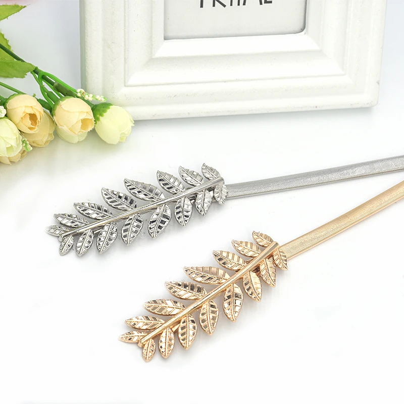 Flower leaves metal buckle belt for dresses women ladies elastic waist chain belts female gold thin belts fashion waistband