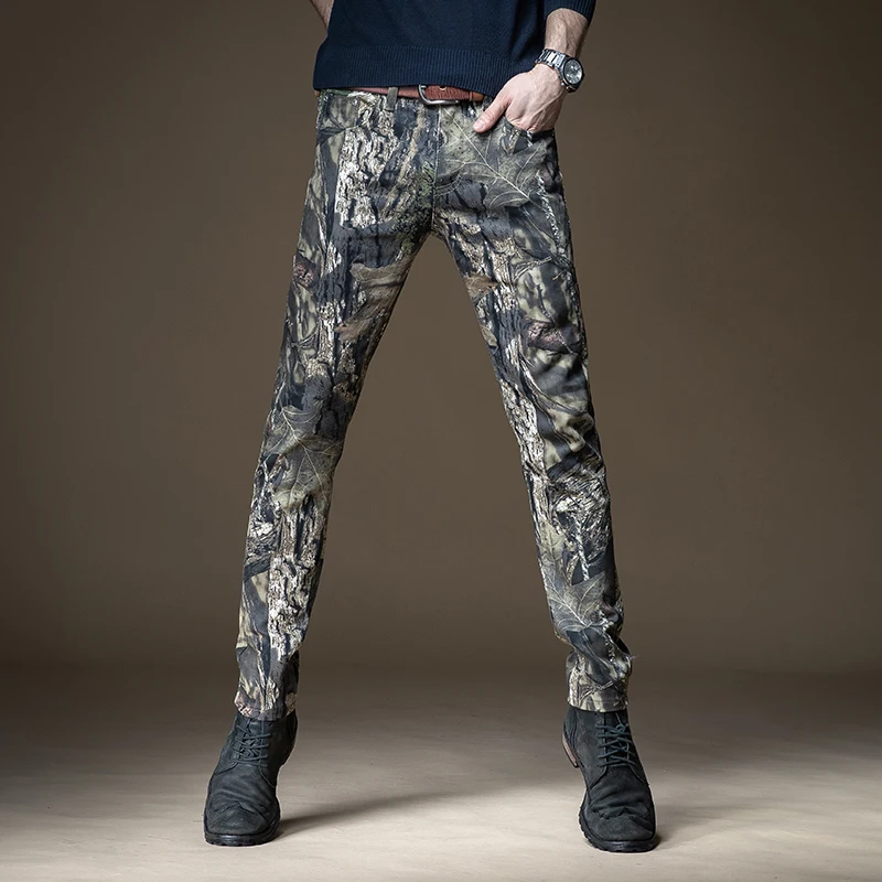 

Men Jeans Army Green Tree Printed Pants Streetwear Straight Stretch Denim Trousers