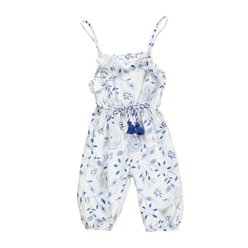 

(1Y-6Y) Girls' Sling Blue and White Print Bow Tie Bodysuit Toddler Child Baby Girl Flower Print Bodysuit baby clothes ropa S5