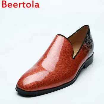 

Brand Beertola Leather Men's Dress Shoes Bling Color Decor Slip On Flats Shoes Men Wedding Shoes Masculine Two Style Big Size