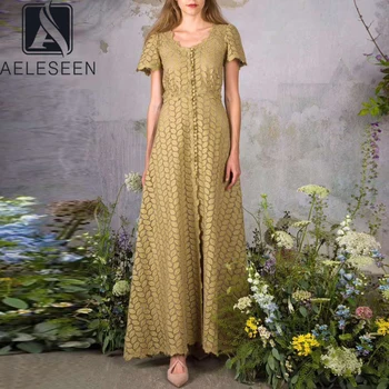 

AELESEEN Lace Dress Women 2020 High Quality Runway Fashion Summer Dress Flower Embroidery Hollow Out Elegant Party Holiday Dress
