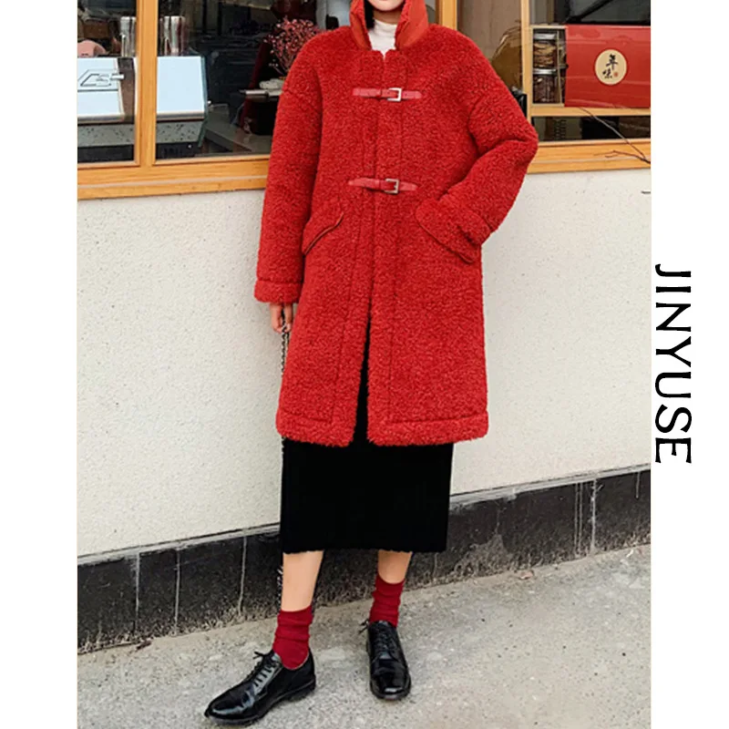 

2019 Winter New Style Lambs Wool Coat Women's Thick Fur ke li rong Mid-length Woolen Western Style Cotton Coat