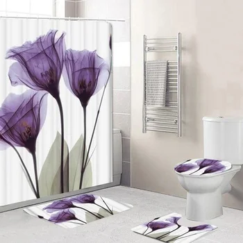 

Toilet Seat Three-Piece Toilet Beautiful Flower Shape Shower Curtain Soft Comfortable U Anti-Slip Carpet Polyester Bathroom Tool