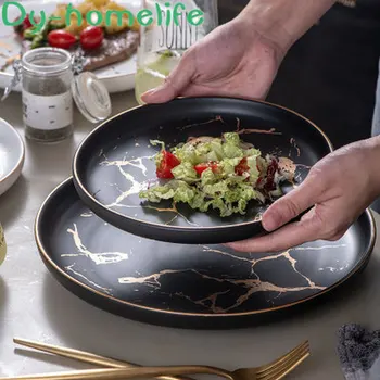 

Household Nordic Style 8-inch Marble Bone China Round Restaurant Matte Phnom Penh Light Luxury Steak Ceramic Shallow Dish