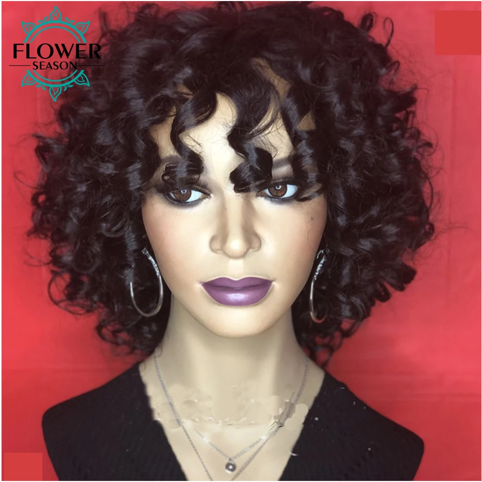 Bob Wig Bangs Made-Wigs Short Curly Human-Hair 150-Density Funmi Indian Full-Machine
