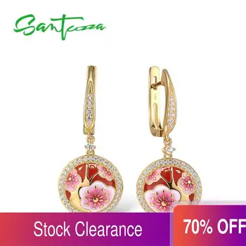 

SANTUZZA Silver Drop Earrings For Women 925 Sterling Silver Gold Color Cherry blossoms Flower Fine Jewelry Handmade Enamel