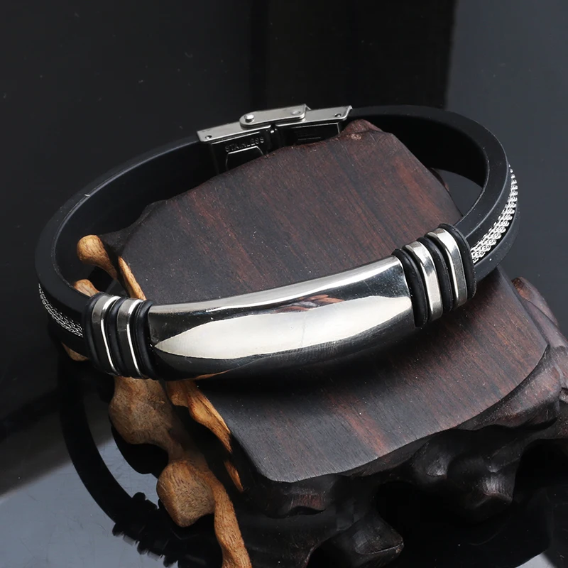 Trend Jewelry Stainless Steel Popcorn Chain Black Silicone Bracelet Classical Titanium Steel Rubber Cuff Bracelet for Men bracelet jewelry