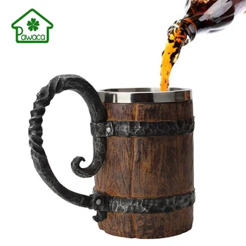 

3D Magic Wooden Barrel Shape Mug stainless Steel Beer Coffee Cups Medieval Epic Culture Memorial Mug Bar Party Drinkware Cups