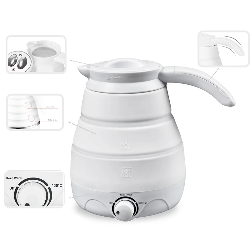 Travel Electric Foldable Kettle, 600Ml Food Grade Silicone Folding Kettle for Home Outdoor Camping Hiking Eu Plug