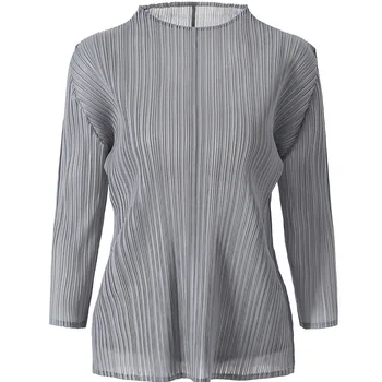

New Pleated Women's Solid Color Simple Round Neck Bottomed Pullover Long Sleeve Top