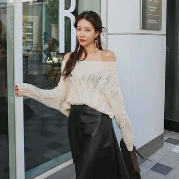

Women winter off shoulder pullover knitting sweater sexy slash warm knit top casual women plus size loose clothes