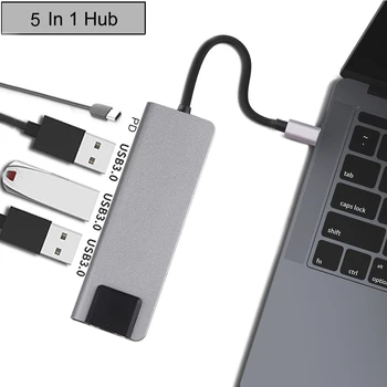 

5-in-1 USB Type-C Hub Hdmi 4K USB C Hub to Gigabit Ethernet Rj45 Lan Converter for Thunderbolt 3 USB-C Charger