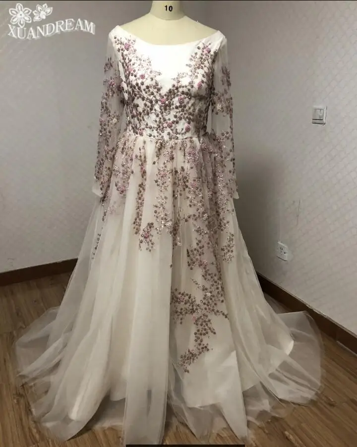 vestido noite вечернее платье с аппликацией и кружевными цветами vestido de noche largo парадное с длинными рукавами вечернее платье для вечеринки XD-47 - Цвет: pink