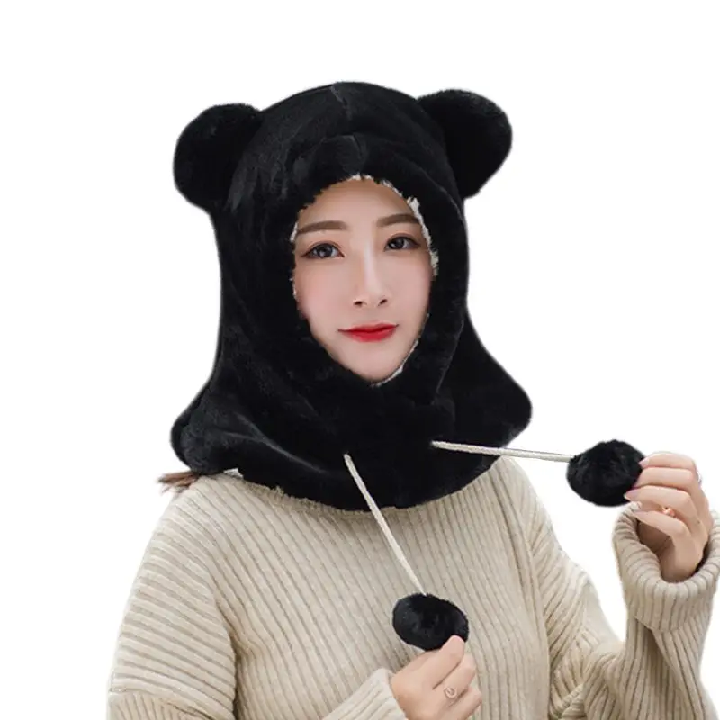 Женская Милая зимняя теплая шапка с милыми ушками медведя, утолщенная плюшевая шапка с полным покрытием, ветрозащитная шапка с капюшоном и помпоном на шнурке - Цвет: Черный