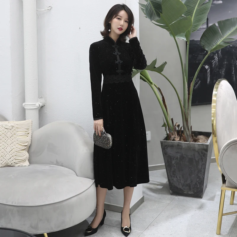 Winter and autumn dress women dress elegant black High waist glitter plus size 5xl long sleeve velvet cheongsam ladies dress