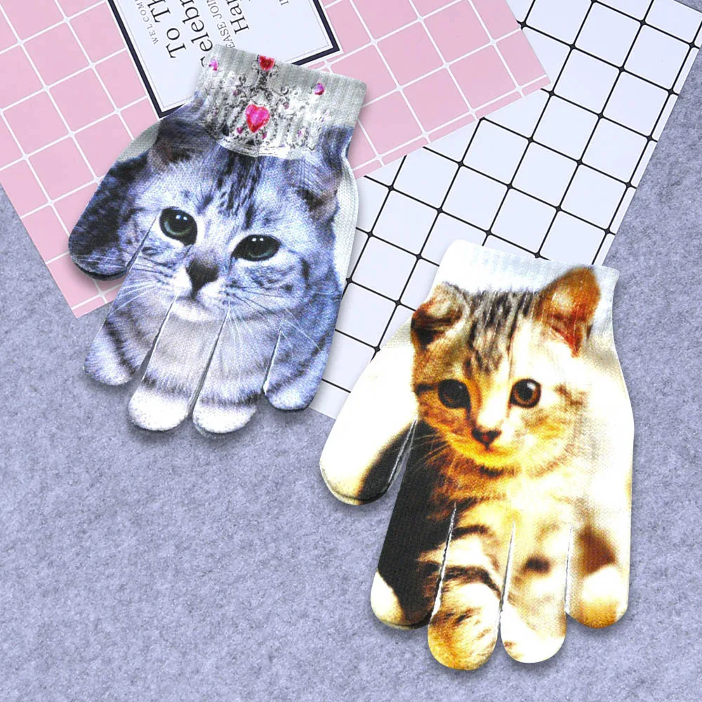Детские перчатки с объемным животным принтом, теплые вязаные детские варежки, зимние милые рукавицы с изображением котенка