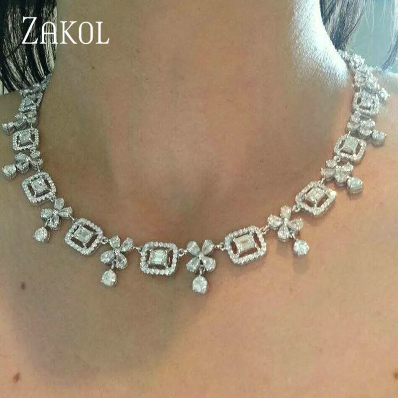 ZAKOL модные роскошные блестящие квадратные и цветочные циркониевые Серьги Ожерелье Ювелирные наборы для женщин Свадебное платье FSSP387