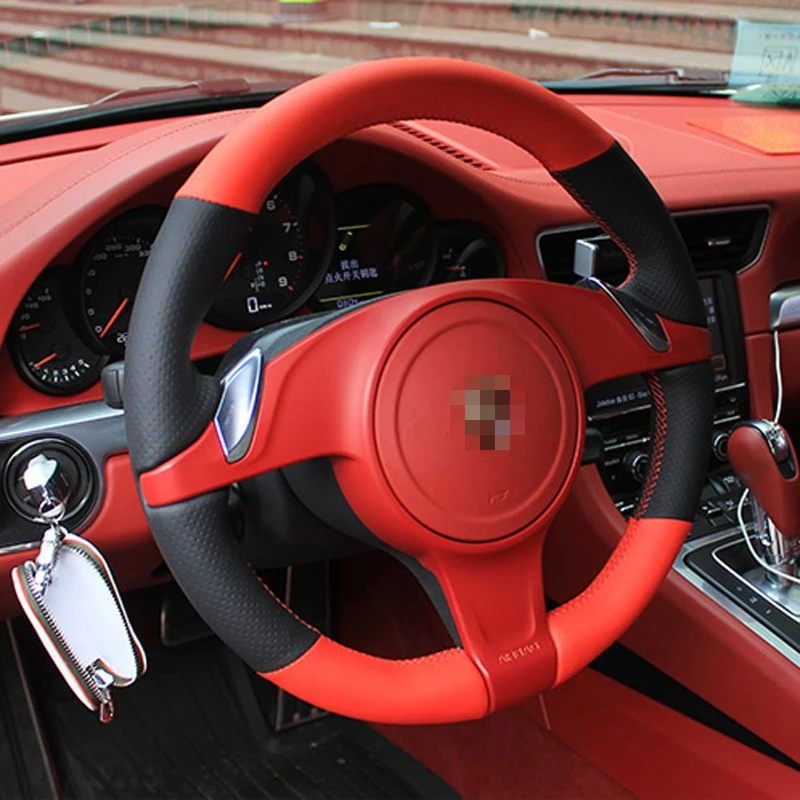

Fit For Porsche Cayenne / Panamera 2010-2011Red & Black Hole Leather Red Thread Steering Wheel Hand Sewing Wrap Cover