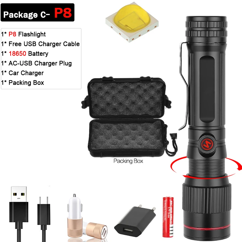 Package C-P8 Мощный XHP70.2 XHP90 светодиодный фонарик перезаряжаемый фонарь супер водонепроницаемый зум лучший для кемпинга рыбалки охота свет - Испускаемый цвет: Package C-P8
