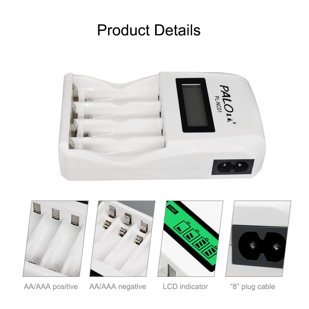 PALO Белый ЖК-дисплей умное интеллектуальное зарядное устройство с 4 слотами для AA/AAA оба для никель-кадмиевых и никель-металл-гидридных аккумуляторов