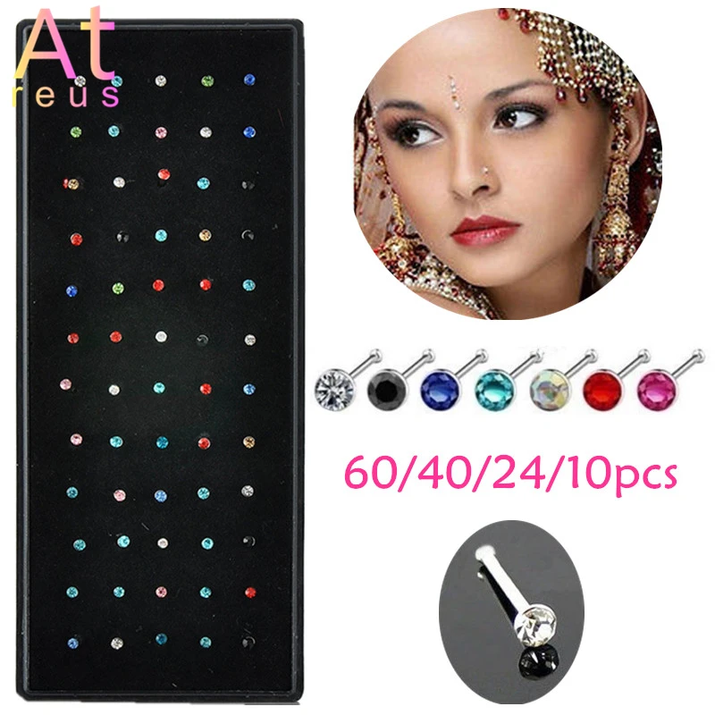 10PCS Fashion Rhinestone Stainless Steel Nose Ring Stud Body Piercing Ornaments 