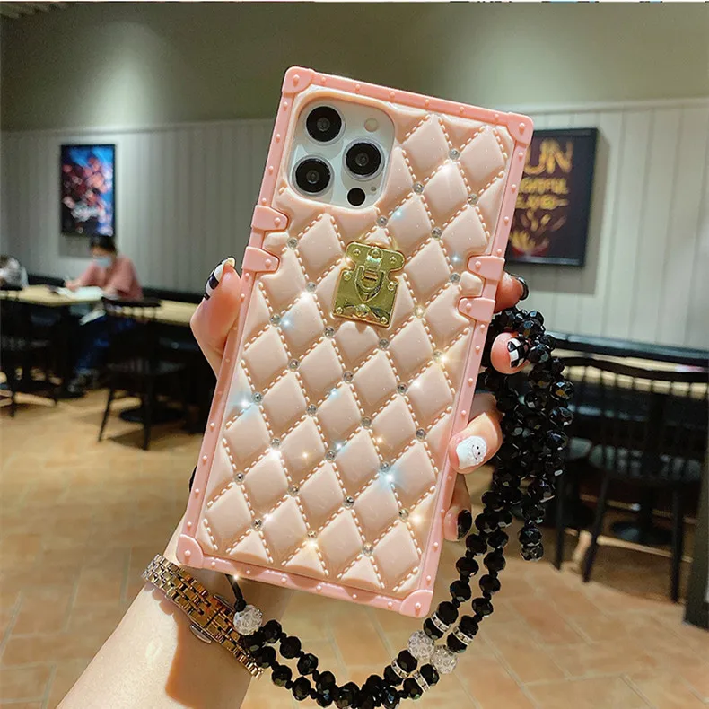 Luxury Diamond Bling Square Trunk Phone Case for iPhone 13 Pro 12 11 7 8  Plus XR Xs Max PU Leather Lattice Soft Back Cover - AliExpress