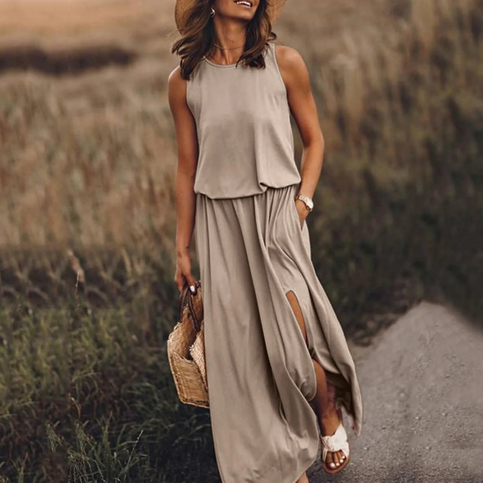 Fashion Women Elegant Boho Dress Sexy Summer Sleeveless O-neck Solid Fork Open Dress Split Long Tank Loose Sundress 2021 Female 2