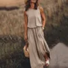 Fashion Women Elegant Boho Dress Sexy Summer Sleeveless O-neck Solid Fork Open Dress Split Long Tank Loose Sundress 2021 Female 2