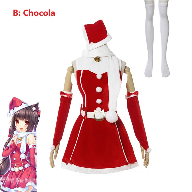 Взрослый карнавальный костюм Nekopara, рождественское платье для косплея ванильного цвета Chocola, женское красное платье, рождественские вечерние сексуальные костюмы, шапка, перчатки, носки - Цвет: B  Chocola