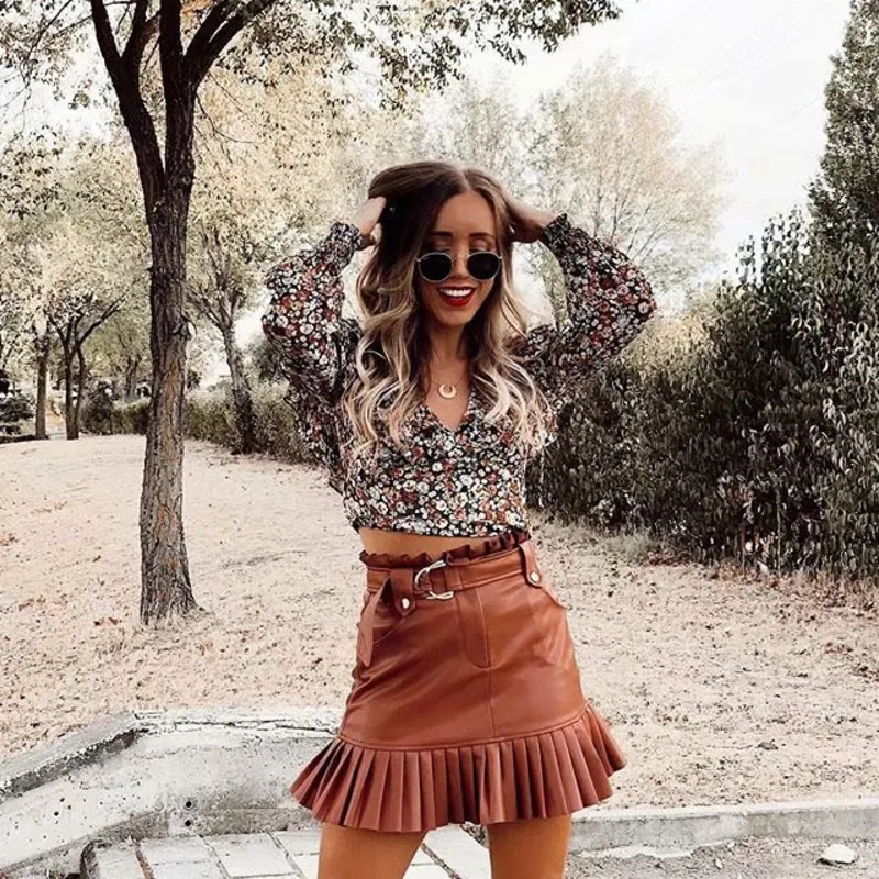 

RICORIT Pleated Skirt Women Chic Pu Imitation Leather Mini-step Cake Skirts Female Casual High Waist Streetwear Party Mini Skirt