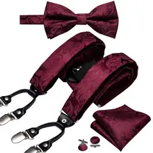 Suspender for Men Solid Red Silk Bowtie Set Cufflinks Elastic Wedding Suspender 6 Clips Bow Tie for Christmas Party Barry.Wang