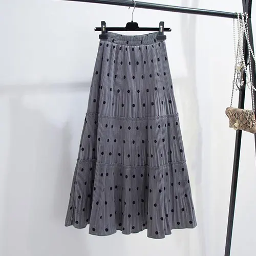 Женская бархатная длинная юбка с точками SURMIITRO, черный белый цвет плиссированная юбка с высокой талией с высокой талией в корейском стиле для женщин в осенне-зимний период - Цвет: Серый
