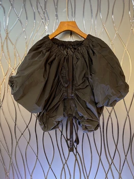 

2020 Early Autumn New Women's Neckline Drawstring Wrinkle Irregular Bubble Short Sleeve All-match Loose Top 811