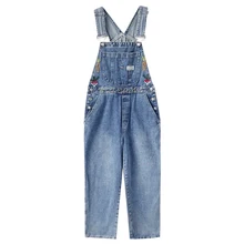 Harajuku/джинсы с вышитыми фруктами; женские осенние брюки; хлопковые винтажные брюки на лямках; Свободные Комбинезоны с высокой талией; джинсовый комбинезон для женщин