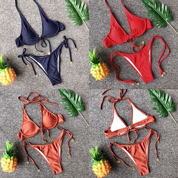 

IMANFive Swimwear Women Sexy Solid Underwire Padded Halter String Bikini 2019 New Arrival Beachwear Low Waist Swimsuit S-L