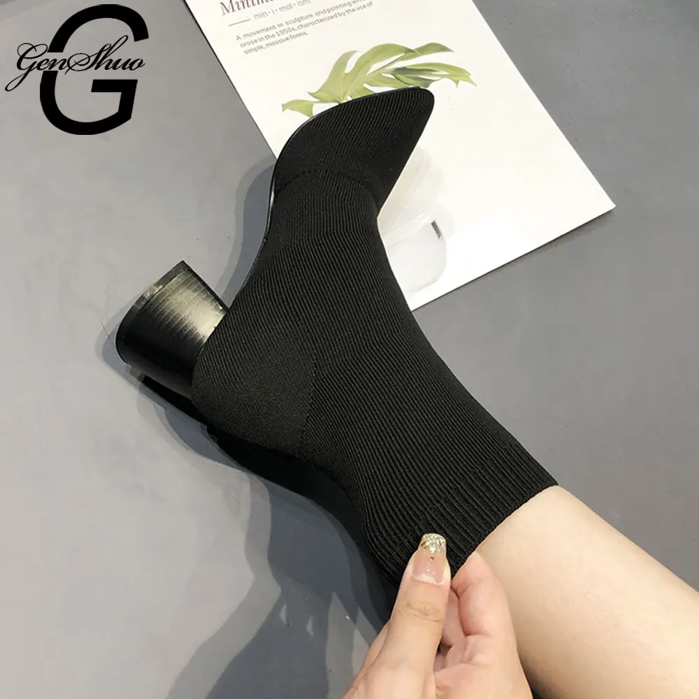 

GENSHUO Sock Boots Ladies Thick With Strtch Ankle Boots 2019 Spring Autumn Slim Solid Black Short Botas Mujer Sexy Martin Boots