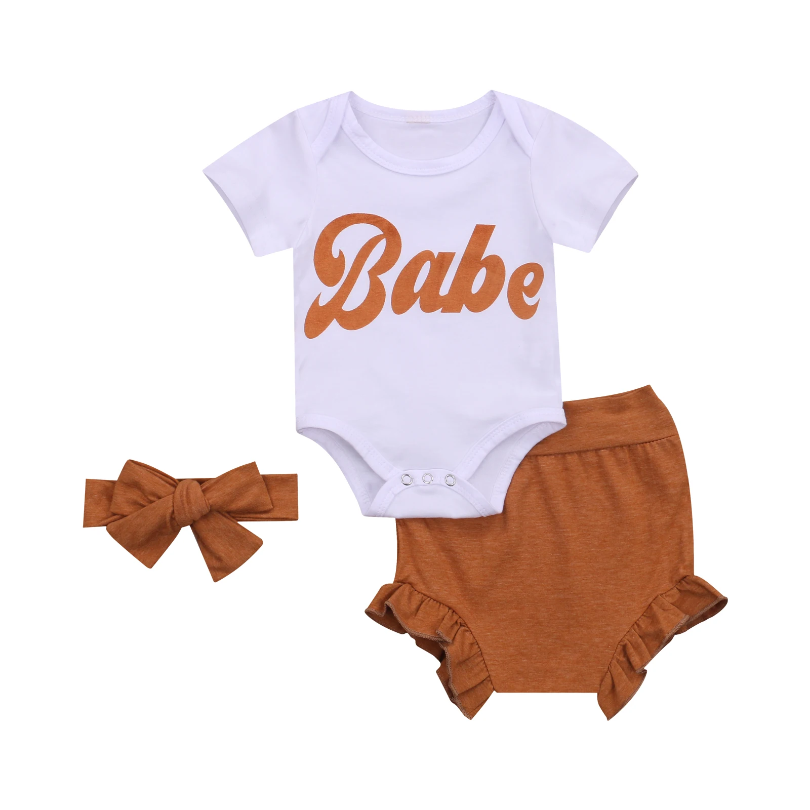 

2020 New Summer 0-18M Toddler Baby Girl 3Pcs Set BABE Short Sleeve Letter Print Bodysuit+Ruffled Shorts+Headband Infant Outfit